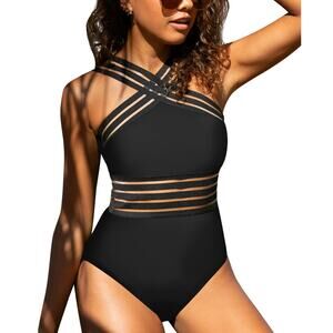 Hilor Crossover Front One Piece Swimsuit Women Size Medium Black Vacation NWT